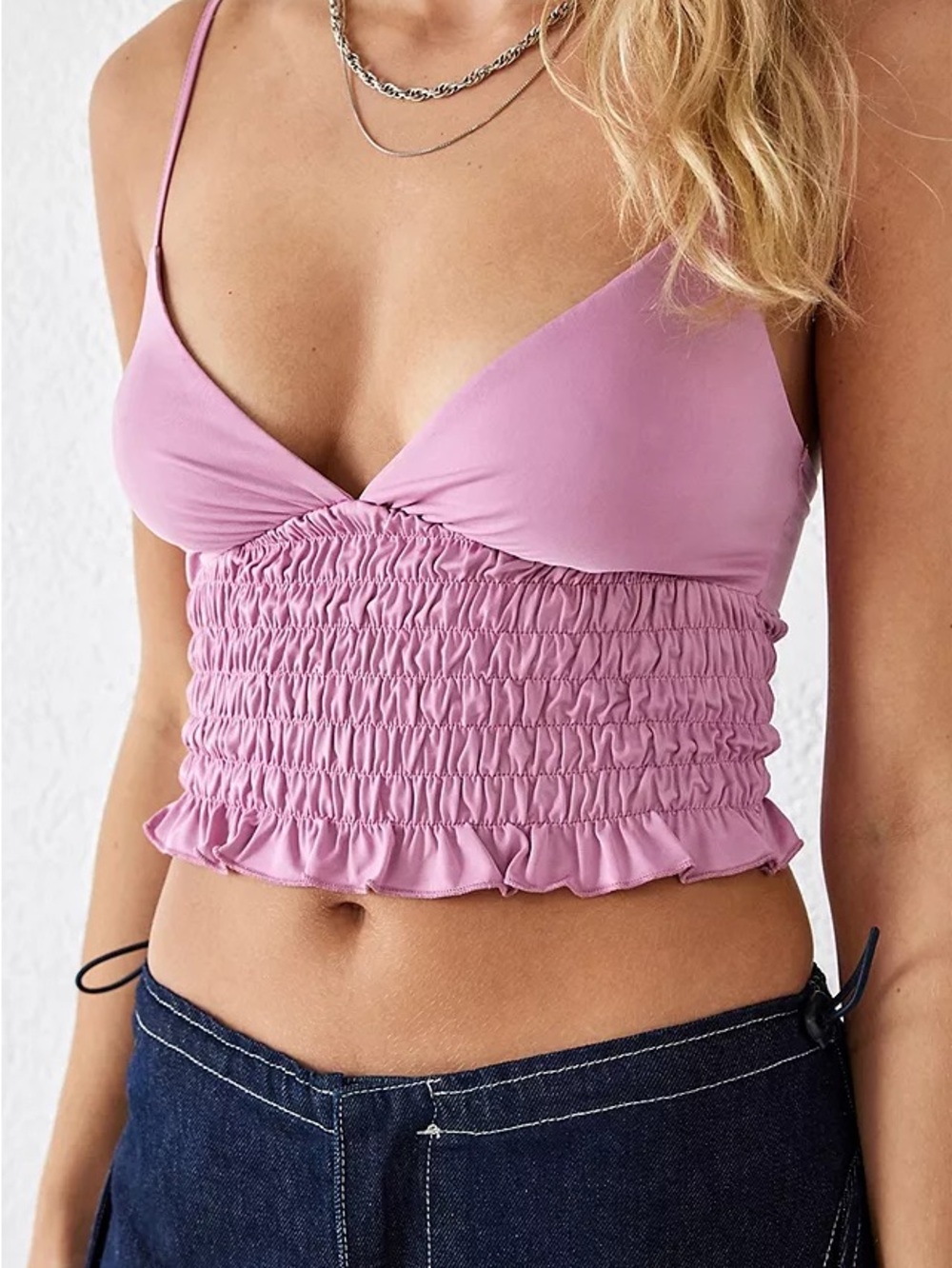 Urban Outfitters Lavender Pink Smocked Ruffle Crop Cami